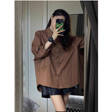 批发美拉德复古棕色衬衫男友风小众衬衫长袖百搭宽松POLO衫外套上衣