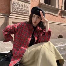 批发复古格子衬衫女美式宽松翻领长袖女早秋新款全棉慵懒风小个子衬衫