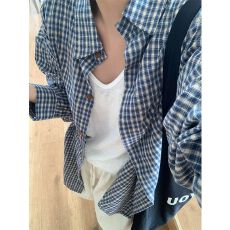 批发韩版轻奢慵懒蓝色格子衬衫夏季宽松休闲原宿风气质百搭别致上衣潮