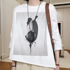 批发宽松印花七分袖t恤女2025夏季休闲气质圆领设计<b class='q'>小衫</b>显瘦薄款上衣