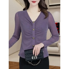 批发气质长袖衬衫<b class='q'>女士</b>2025秋季新款v领纯色法式<b class='q'>小衫</b>修身显瘦百搭上衣