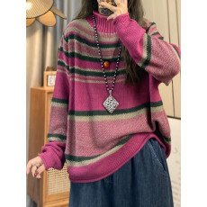 批发高领长袖条纹拼色<b class='q'>针织衫</b>女2025秋冬季文艺休闲宽松毛套头<b class='q'>针织衫</b>女