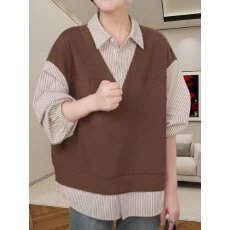 批发条纹假两件设计感长袖<b class='q'>衬衫</b><b class='q'>女士</b>春季新款翻领洋气百搭气质拼接上衣