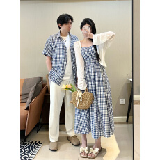 批发2025新款夏季不一样的<b class='q'>情侣装</b>沙滩度假连衣裙纯棉收腰显瘦遮肉款