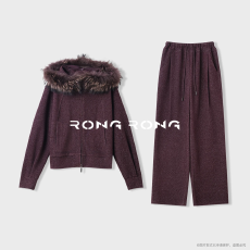 批发羊毛混纺貉子毛领连帽保暖套装