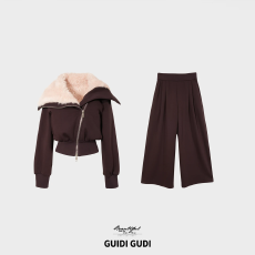 轻奢感翻领时尚浪漫风两件套套装/黄加蓝