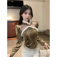 批发外贸韩版秋冬新中式网纱拼接国风毛边丝绒上衣女设计感打底衫<b class='q'>T</b><b class='q'>恤</b>