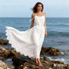 批发外贸款度假风<b class='q'>沙滩裙</b>女性感露背吊带裙抽绳收腰钩花镂空连衣长裙