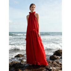 批发外贸法式名媛随性气质荷叶边挂脖连衣裙女春夏设计流苏<b class='q'>宽松</b>长裙子