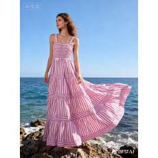 批发外贸韩系温柔条纹吊带<b class='q'>连衣裙</b>女夏季复古设计松紧收腰显瘦大摆长裙