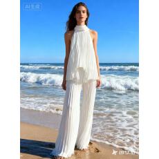 批发外贸 法式度假风雪纺双色压褶飘带挂脖上衣+休闲阔腿裤<b class='q'>套</b>装