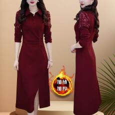 批发已出货~秋冬新款加绒百搭打底连衣裙时尚气质镂空中长款显瘦长裙