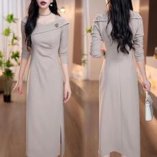 批发已出货秋季法式时尚小众设计款侧开叉高腰遮肚显瘦中长款<b class='q'>连衣裙</b>