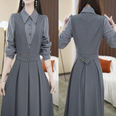 批发已出货~时尚假两件长袖<b class='q'>连衣裙</b>秋季新款气质显瘦条纹拼接<b class='q'>休闲</b>裙子