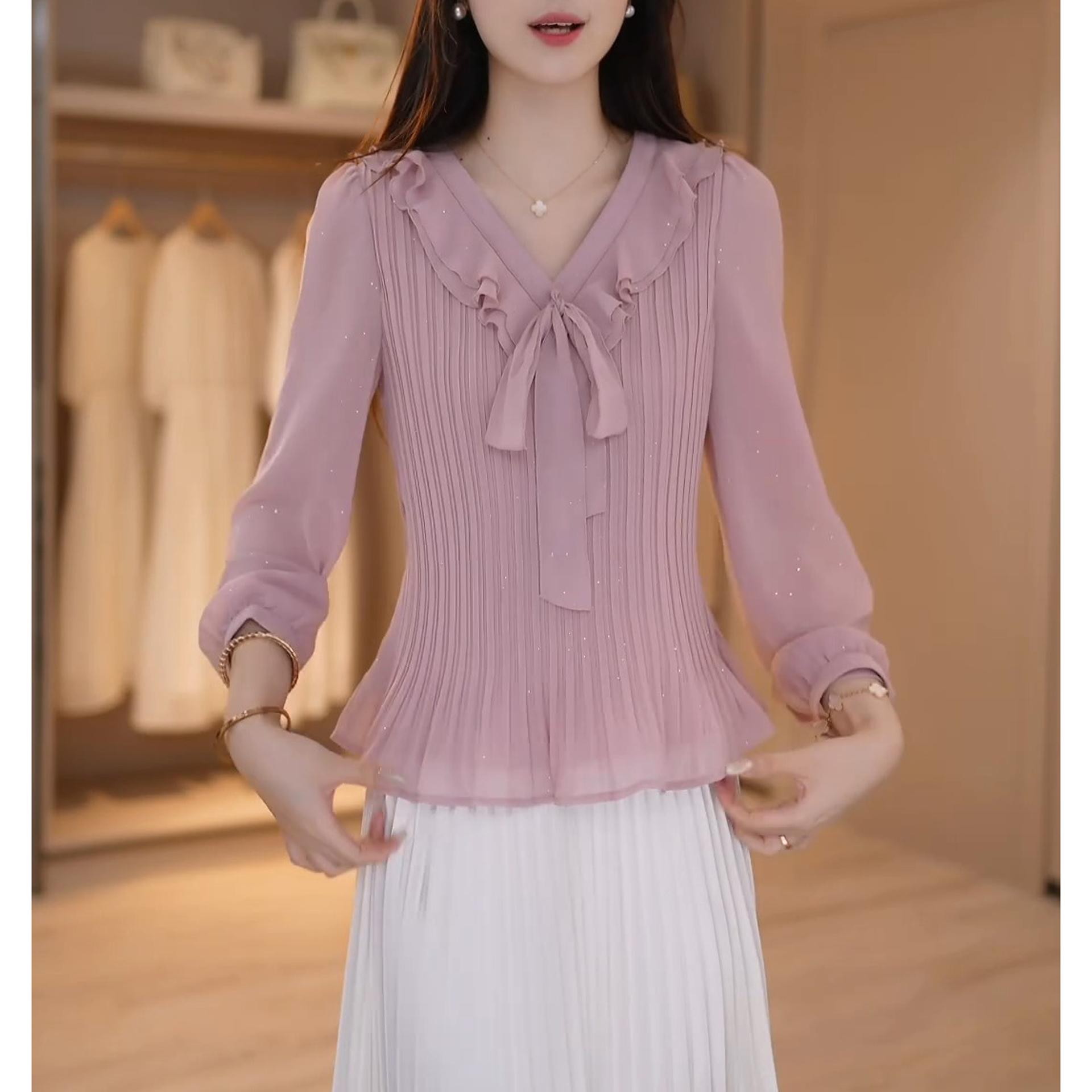 MY15049# 韩版显瘦V领衬衫女秋季减龄百搭长袖氛围感细闪花边小衫女裝...