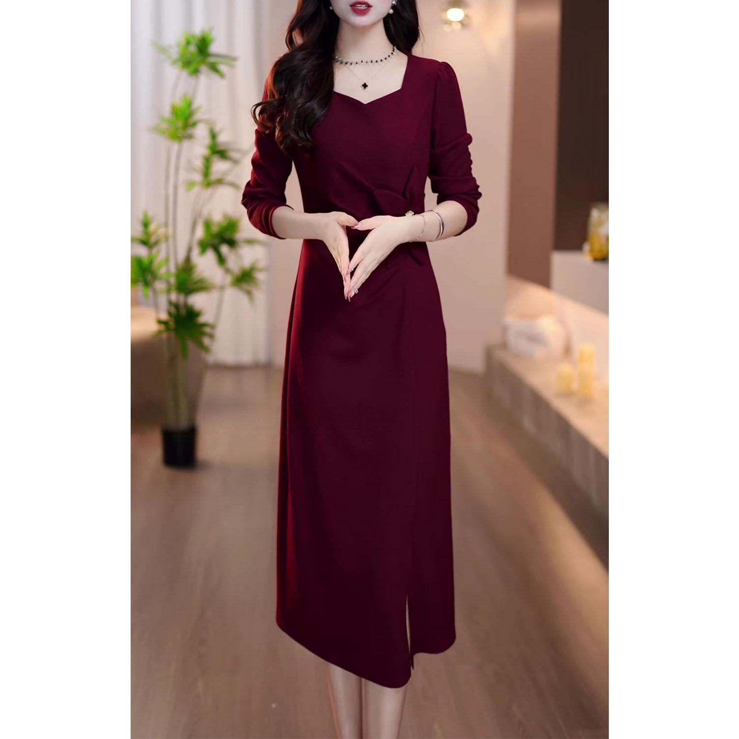 MY15052# 新款婚宴修身中长款气质裙子秋季显白法式时尚长袖连衣裙女裝...