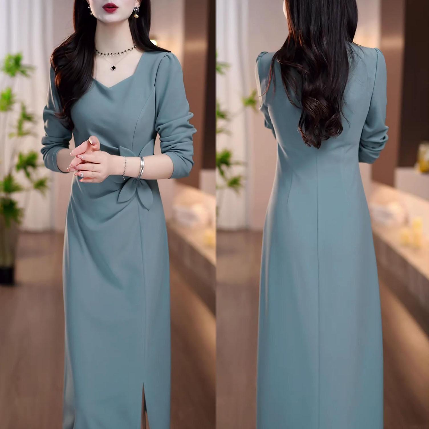 MY15051# 新款婚宴修身中长款气质裙子秋季显白法式时尚长袖连衣裙女裝...