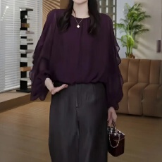 已出货~圆领常规法式通勤减龄宽松上衣女荷叶边拼接优雅气质衬衫