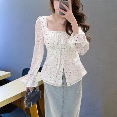 批发已出货~气质显瘦方领长袖衬衫早秋季新款法式设计感波点小衫女