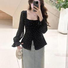 批发已出货~气质显瘦方领长袖衬衫早秋季新款法式设计感波点小衫女