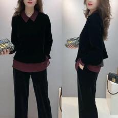 批发已出货~假两件<b class='q'>丝绒</b>衬衫上衣阔腿裤两件套女秋季新款时尚气质<b class='q'>套装</b>