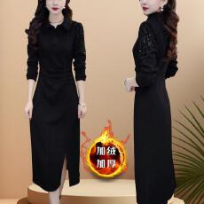 批发已出货~秋冬新款加绒百搭打底连衣裙时尚气质镂空中长款显瘦长裙