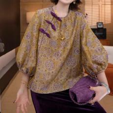 批发已出货~新中式圆领气质<b class='q'>上衣</b>女秋季新款显瘦时尚印花长袖拼接小衫