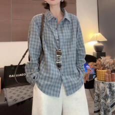 批发已出货~简约通勤蓝色<b class='q'>格子衬衫</b>秋冬款韩版慵懒宽松polo领打底上衣