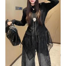 批发时尚洋气拼接不规则蕾丝打底衫秋季新款法式设计感长袖T恤上衣女