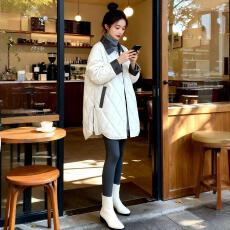 批发已出货~设计感洋气宽松夹棉外套秋冬撞色拼接中长款菱形格子棉服