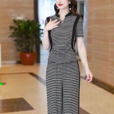 批发时尚短袖套装女2026夏季新款洋气设计感条纹上衣阔腿裤<b class='q'>休闲</b>两件套