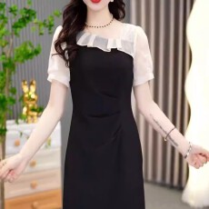 批发2026年夏季新款气质碎花<b class='q'>拼接</b>小黑裙女韩版收腰显瘦修身百搭<b class='q'>连衣裙</b>