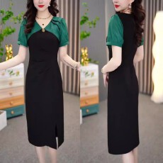 批发时尚法式短袖<b class='q'>连衣裙</b>女2026夏季新款气质收腰显瘦雪纺<b class='q'>拼接</b>过膝裙子