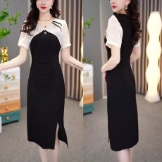 批发时尚法式短袖<b class='q'>连衣裙</b>女2026夏季新款气质收腰显瘦雪纺<b class='q'>拼接</b>过膝裙子