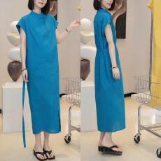 批发大码时尚宽松短袖<b class='q'>连衣裙</b>女2026夏新款休闲绑带收腰显瘦中长款裙子