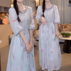 批发气质国风新中式收腰连衣裙2026夏季新款时尚温婉碎花高级感长裙子