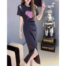 批发2026夏季大码显瘦气质开衩A字裙子女新款时尚露肩亮片短袖连衣裙