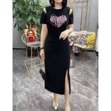 批发2026夏季大码显瘦气质开衩A字裙子女新款时尚露肩亮片短袖连衣裙