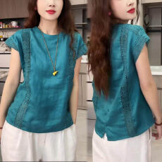 批发高级感气质减龄蕾丝拼接衬衫女士夏季新款女宽松显瘦百搭圆领上衣