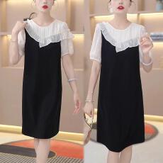 气质短袖连衣裙2026夏季新款花边设计感拼色显瘦遮肚子小黑裙子潮
