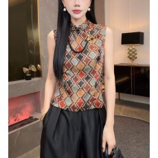 批发时尚复古洋气新中式国风无袖上衣百搭夏季新款印花通勤风外穿T恤