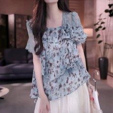 批发荷叶边蓝色碎花短袖T恤女夏季<b class='q'>大码</b>胖mm遮肚漂亮小衫气质百搭上衣