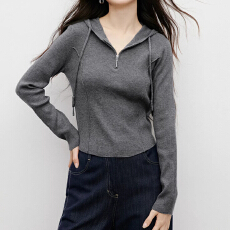 批发连帽纯色韩系针织衫别致上衣流行2026秋季显瘦长袖打底衫简约轻奢