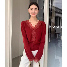 批发2026秋冬新款<b class='q'>蕾丝</b>花边长袖V领针织衫女纯色百搭气质时尚毛衣