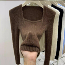 批发不规则方领水貂绒毛衣针织衫秋冬爆款内搭打底衫修身ins<b class='q'>韩版</b>上衣