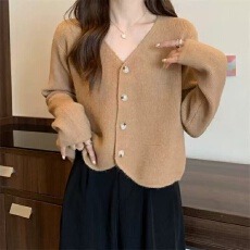 批发温柔慵懒风V领针织开衫女长袖<b class='q'>毛衣外套</b>2026新款时尚短款韩版上衣