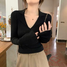 批发法式v领针织打底衫女新款早秋外穿气质紧身显瘦上衣内搭毛衣春<b class='q'>冬</b>