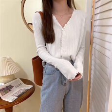 批发v领<b class='q'>针织衫</b>女<b class='q'>开衫</b>薄款春秋季2026年新款木耳边长袖披肩外套上衣女