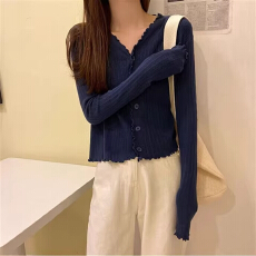 批发春秋冬打底单穿高品质波浪边V领长袖<b class='q'>针织衫</b>女<b class='q'>开衫</b>慵懒风毛衣