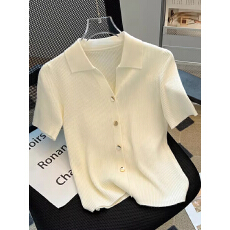 批发品牌折扣外贸夏季正肩短袖扣子Polo领t恤女短款冰丝<b class='q'>针织衫</b>上衣潮